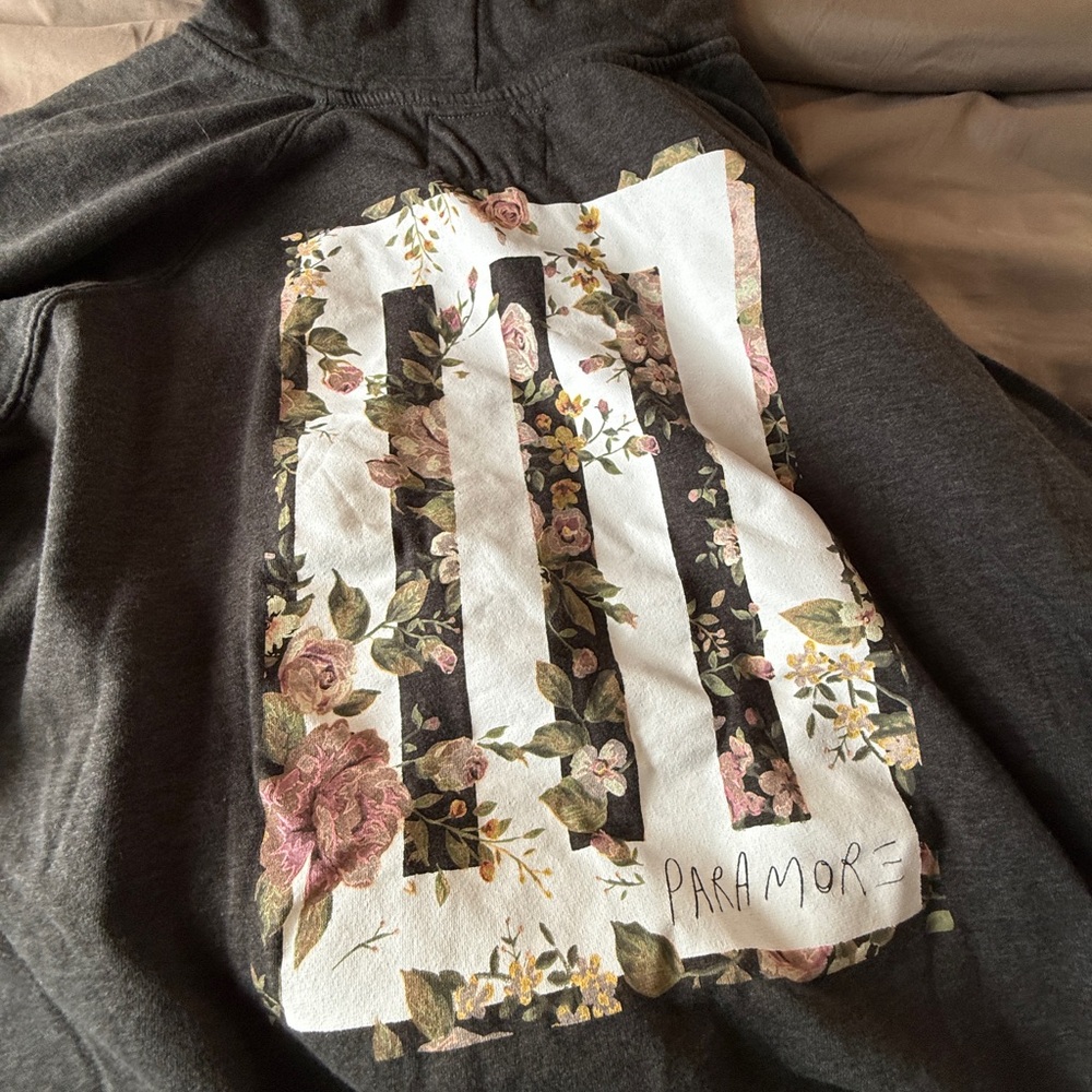 Paramore Dark Gray Hoodie with Floral Stripe Design Torrid - Picture 2 of 3